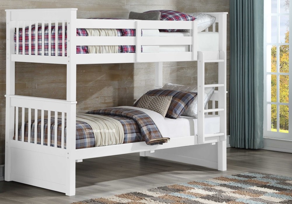 White wooden bunk beds with drawers