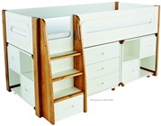 Stompa Radius Midsleeper Bed And Two White Cube Cupboards And Chest