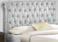 Crushed velvet silver bed with diamante buttons