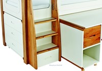 White and oak childrens midsleepers with chest of drawers and desk
