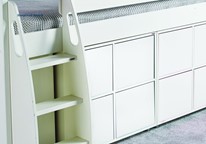 Stompa white mid sleeper beds with cube cupboards