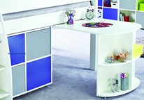Grey and blue cupboards and desk
