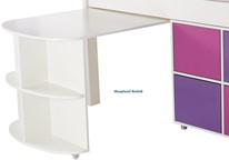 Pink and purple cupboards and desk