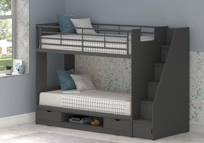 Cameo Deluxe Grey Bunk Bed With Stairs, Bunk Beds With Storage Steps Uk