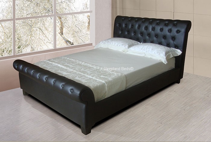 Carrington Black Faux Leather Sleigh, Faux Leather Sleigh Bed King Size