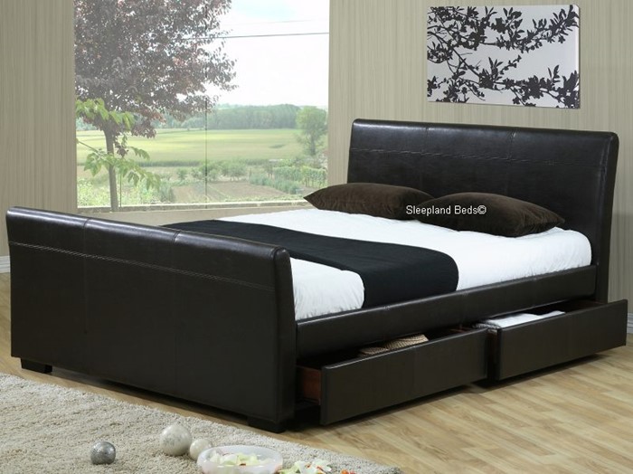 Houston Sleigh Bed With Drawers Brown, King Size Faux Leather Sleigh Bed