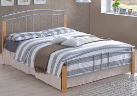 Inspire Tetras Silver Metal Bed Frame With Wood Posts - 4ft6 Double