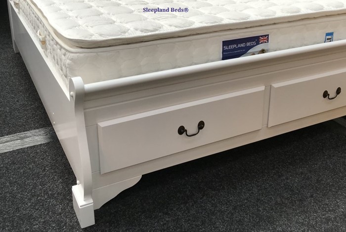 White Wood Sleigh Bed With End Drawers, White Wooden Sleigh Bed Super King
