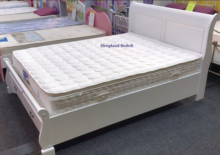 White Wood Sleigh Bed With End Drawers, Solid Wood Sleigh Bed Super King Size Mattress Dimensions