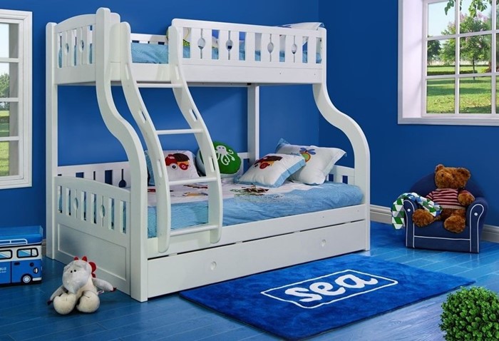 Triple Sleeper Bed  Wooden Bunk Bed Frame in White 4ft6 Trundle 3ft Upper Bed 