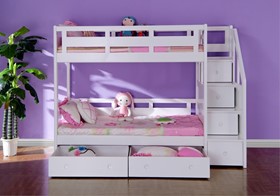 Luxury Solid Wood White Bunk Bed Staircase And Drawers - Single