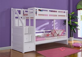 Luxury Solid Wood White Bunk Bed With Staircase Storage - Single