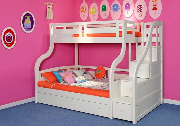Luxury Solid Wood White Staircase Triple Bunk Bed And Underbed Drawers
