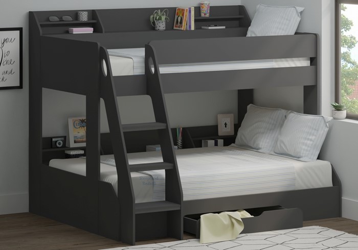 Marion Anthracite Grey Small Double Triple Bunk Bed - Shelves And Drawer