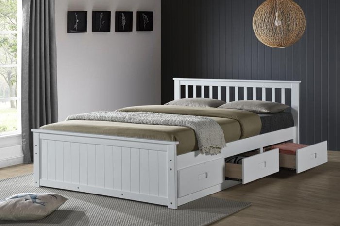Double White Wood Bed Frame 6 Storage, White Wooden King Size Bed Frame With Drawers