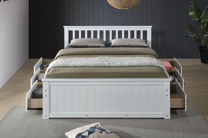 Double White Wood Bed Frame 6 Storage, Small White Wooden Bedroom Furniture