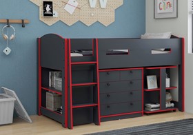 Mayfair Anthracite Grey And Red Midsleeper Bed - Storage And Desk