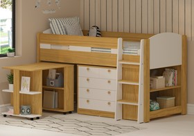 Mayfair Mid Sleeper Bed In White And Oak - Desk Bookcase And Drawers