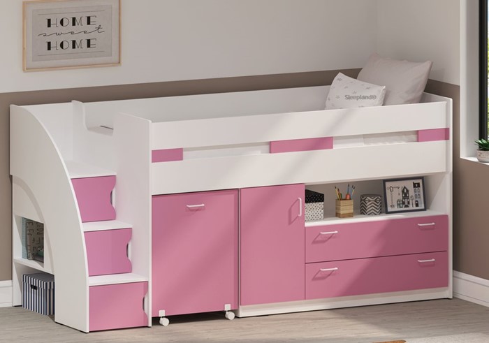Pink Mid Sleeper Bed With Stairs, Mid Sleeper Bed Dimensions
