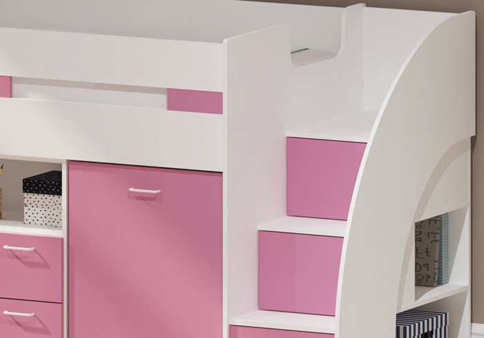 Pink Mid Sleeper Bed With Stairs, Step 2 Bookcase Storage Chest Pink And White
