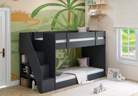 Royal Low Height Bunk Bed In Anthracite Grey - With Stairs And Shelves