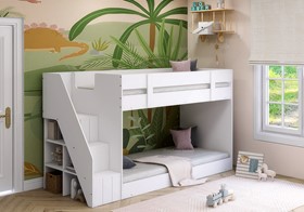 Royal Low Height Bunk Bed In White - With Stairs And Shelves