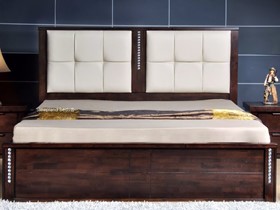 Safa Dark Walnut Wooden Bedstead With Cream Leather - 5ft Kingsize