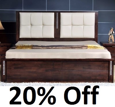 Safa Solid Wood Bed Frame - Walnut And Cream Leather - Super Kingsize