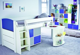 Stompa Uno S 3 Blue Midsleeper Bed - With Desk And Cube And Chest