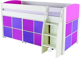 Stompa Uno S Pink Midsleeper Bed With Three Pink And Purple Cube Units