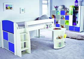 Stompa Uno S1 Blue Midsleeper Bed - Desk And Grey And Blue Cube