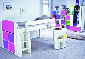 Stompa Uno S1 Pink Midsleeper Bed - Desk And Purple And Pink Cube