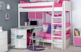 Stompa Uno S25 Highsleeper - Fixed And Pullout Desk - Hutch - Pink Sofa