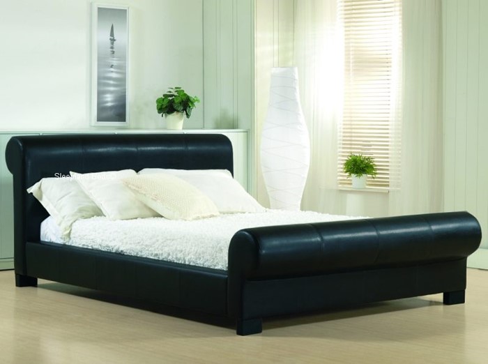 Faux Leather Chunky Sleigh Bed Frame, Black Leather Sleigh Bed Super King