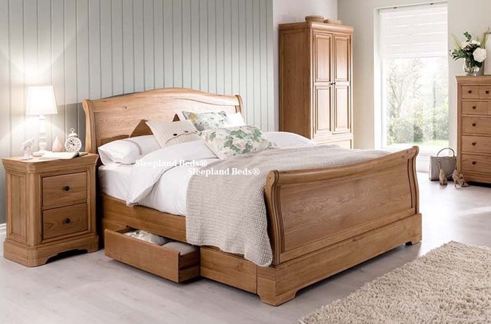 Vida Carmen Bed Frame Oak Sleigh, Oak King Size Bed With Storage Drawers