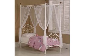 White Four Poster Bed | Childrens 4 Poster Single Metal Frame with Drapes