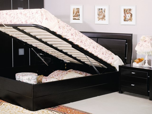 Dark Wenge Wood Storage Bed Double, Black King Size Storage Bed
