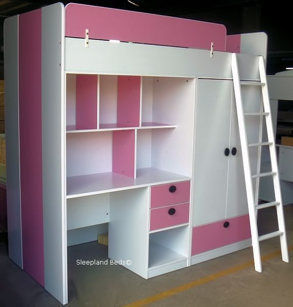 Girls Highsleeper Bed Pink Oxford Study Bunk With Desk Wardrobe