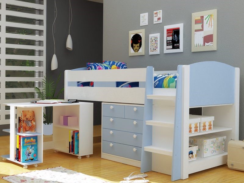 Skye Light Blue Childrens Mid Sleeper Bed With Storage And Desk