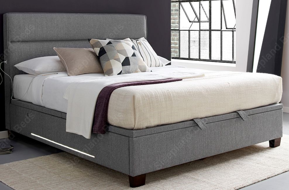 Kaydian Chilton Grey Fabric Ottoman Bed, Queen Bed Frame With Lights