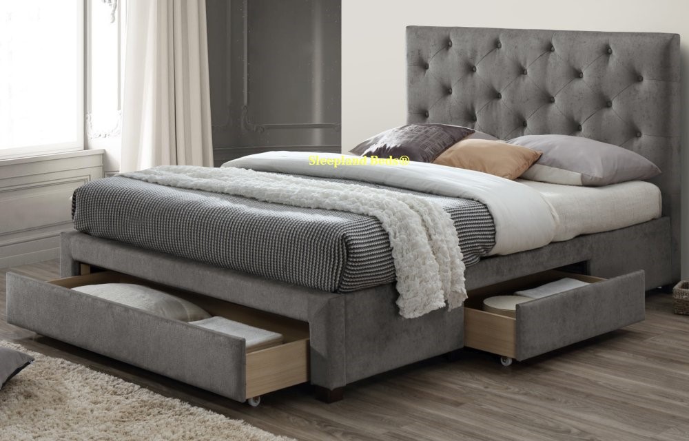 Grey Marl Fabric Kensit Storage Bed, Grey King Size Bed Frame Uk