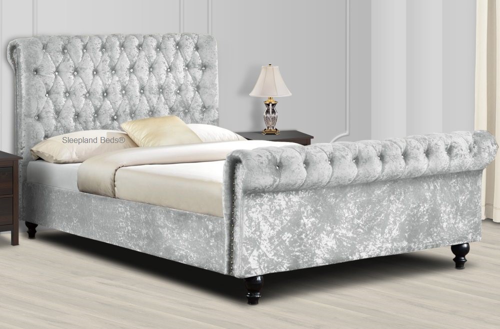 Sleigh Style Studs Upholstered Crushed, Black Truffle Bed Frame