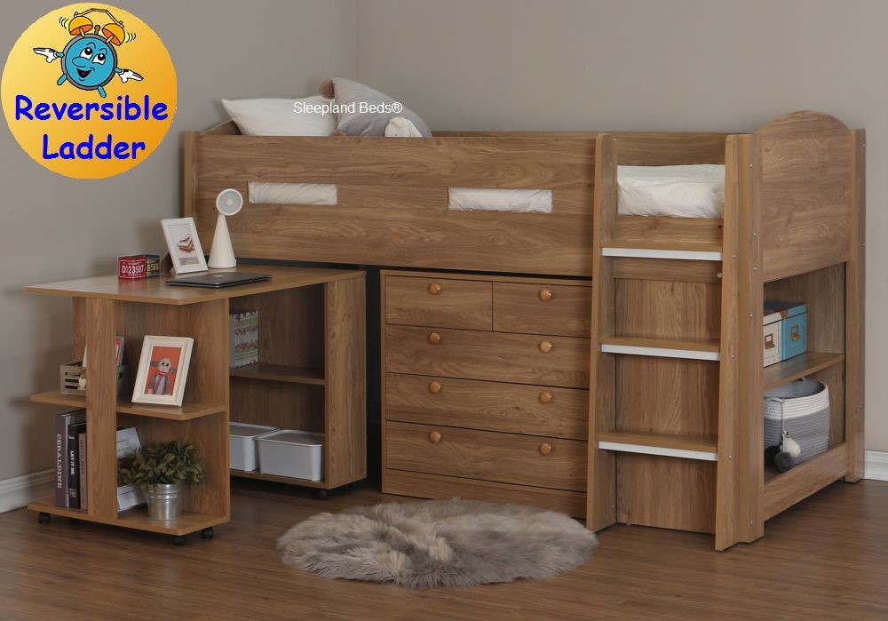 Oak midsleeper beds with chest and storage