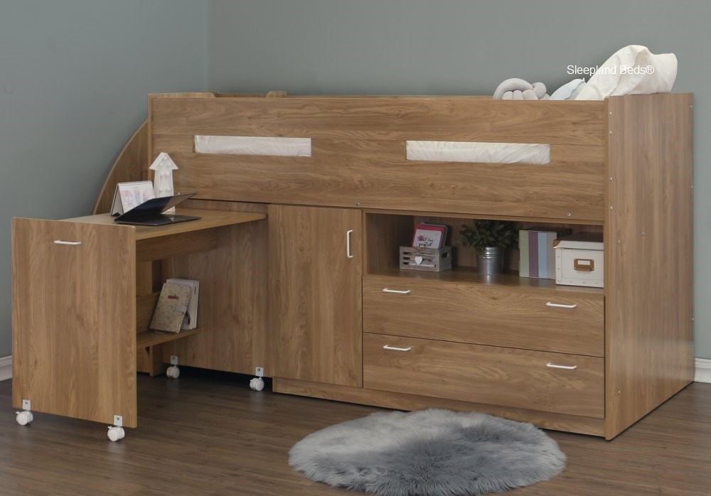 Oak mid sleeper bed with stairs on the left hand side