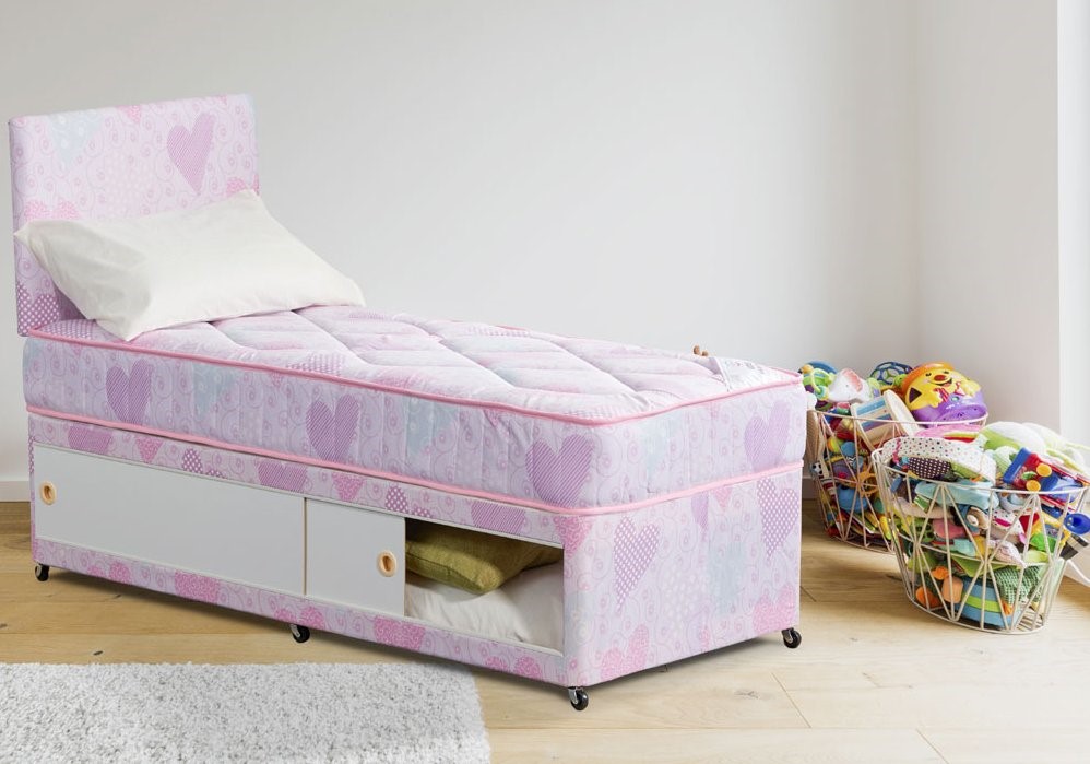 Bespoke 3FT x 6FT3 Girls Pink Love Heart Divan Storage Bed & Mattress 