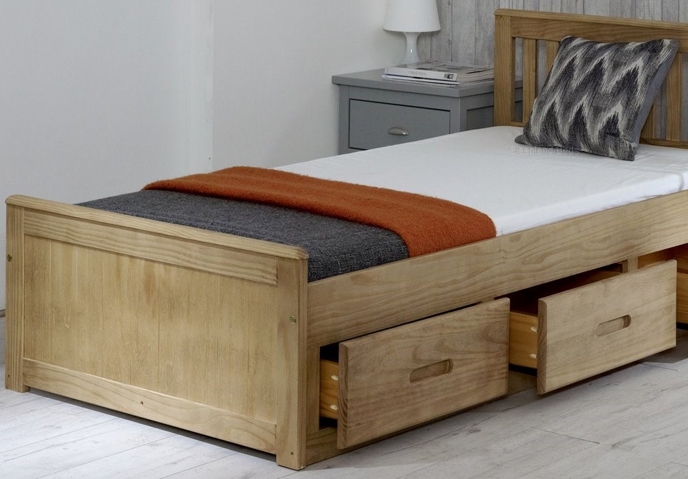 Natural waxed pine single wooden storage bed frames