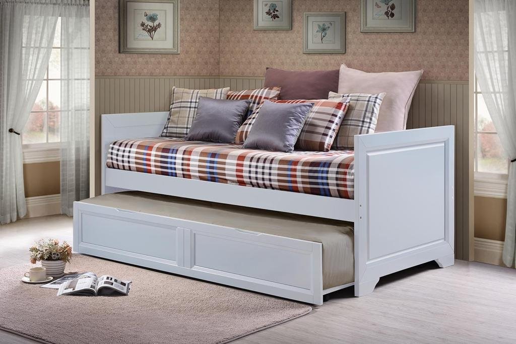 Regal white wooden bed frame with trundle
