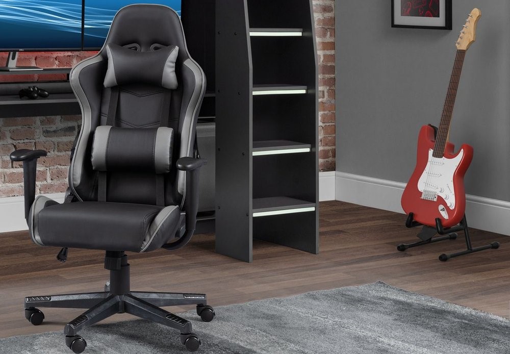 Black gaming chair with neck and back support