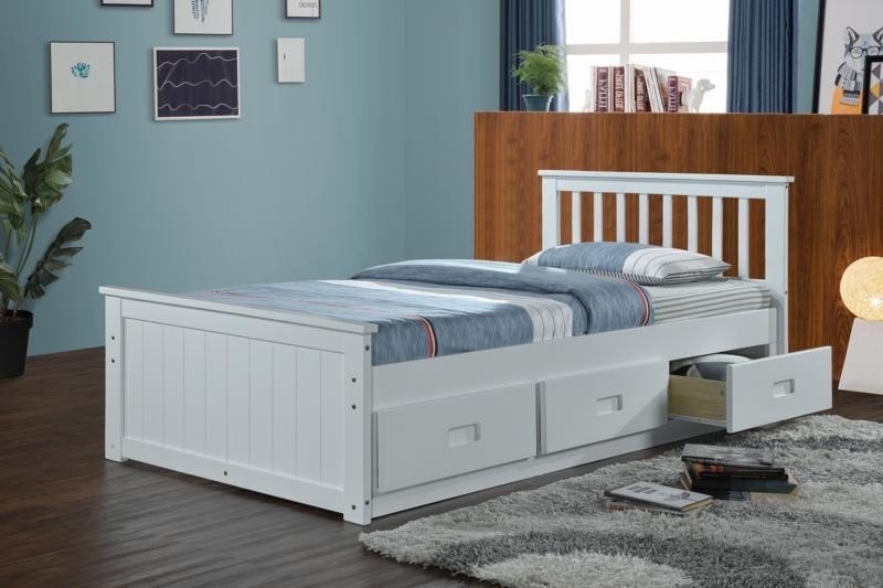 White wooden storage bed with drawers