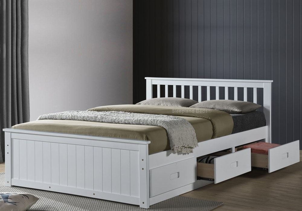 Double White Wood Bed Frame 6 Storage, White Wooden Single Bed Frame With Storage